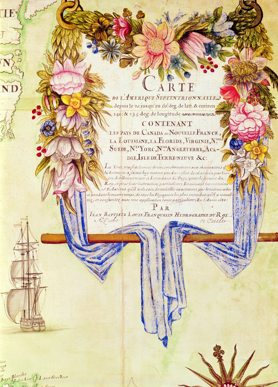 Cartouche från "Map of North America" (karta över Nordamerika). av Jean Baptiste Louis Franquelin