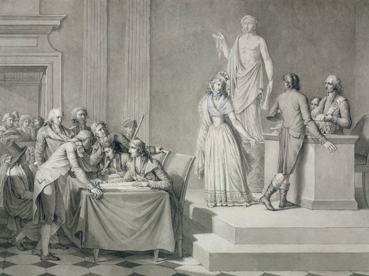 Republikansk skilsmisse (pen og blæk og grisaille på papir) swed av Jean Baptiste Mallet