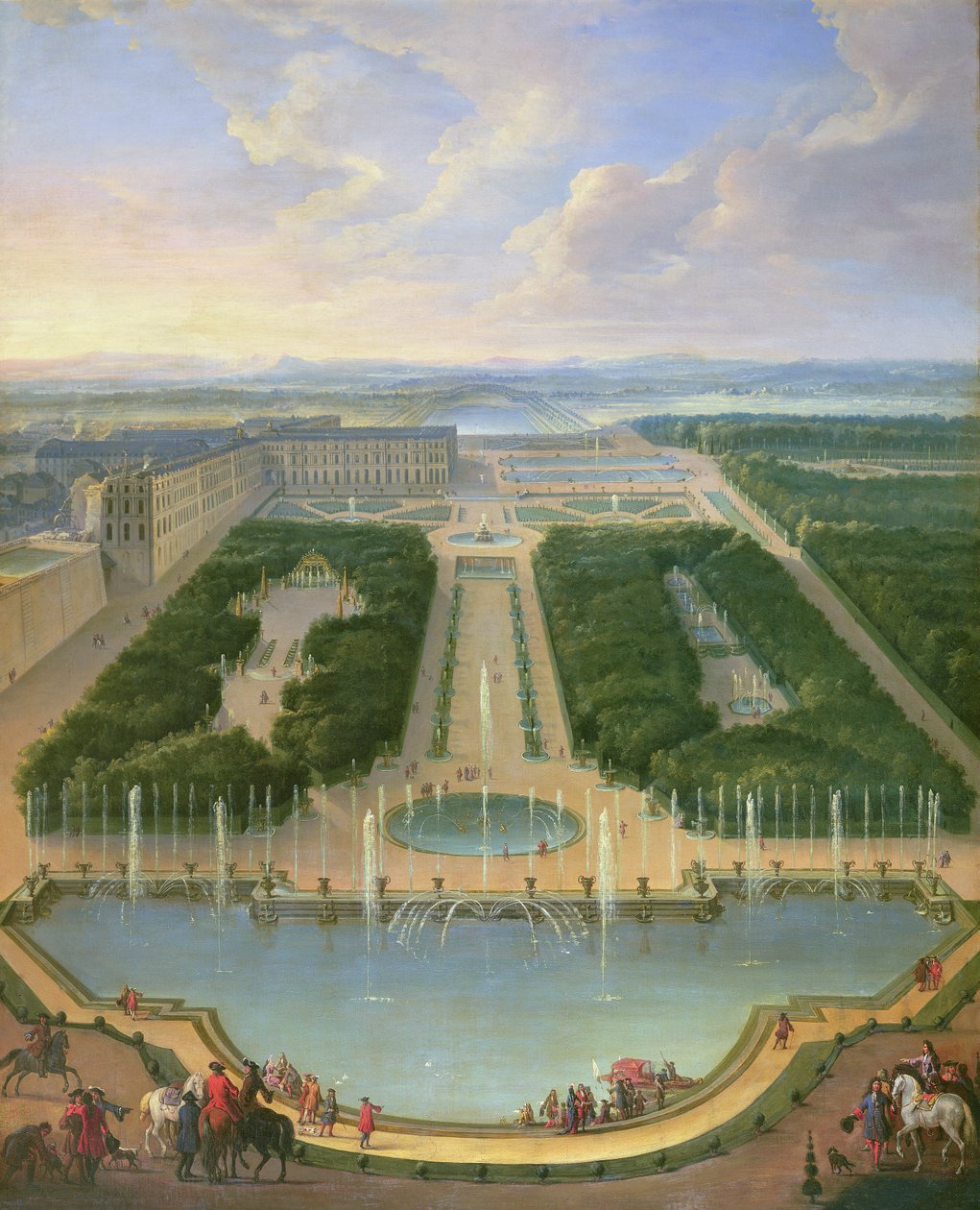 Perspektivvy av slottet i Versailles sett från Neptunusfontänen, 1696 av Jean Baptiste Martin