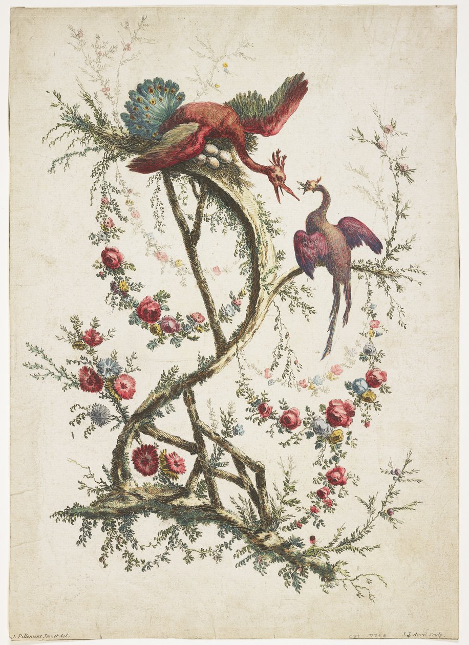 Prydnad. Chinoiserie. Blommor och fåglar., 1770 av Jean Baptiste Pillement
