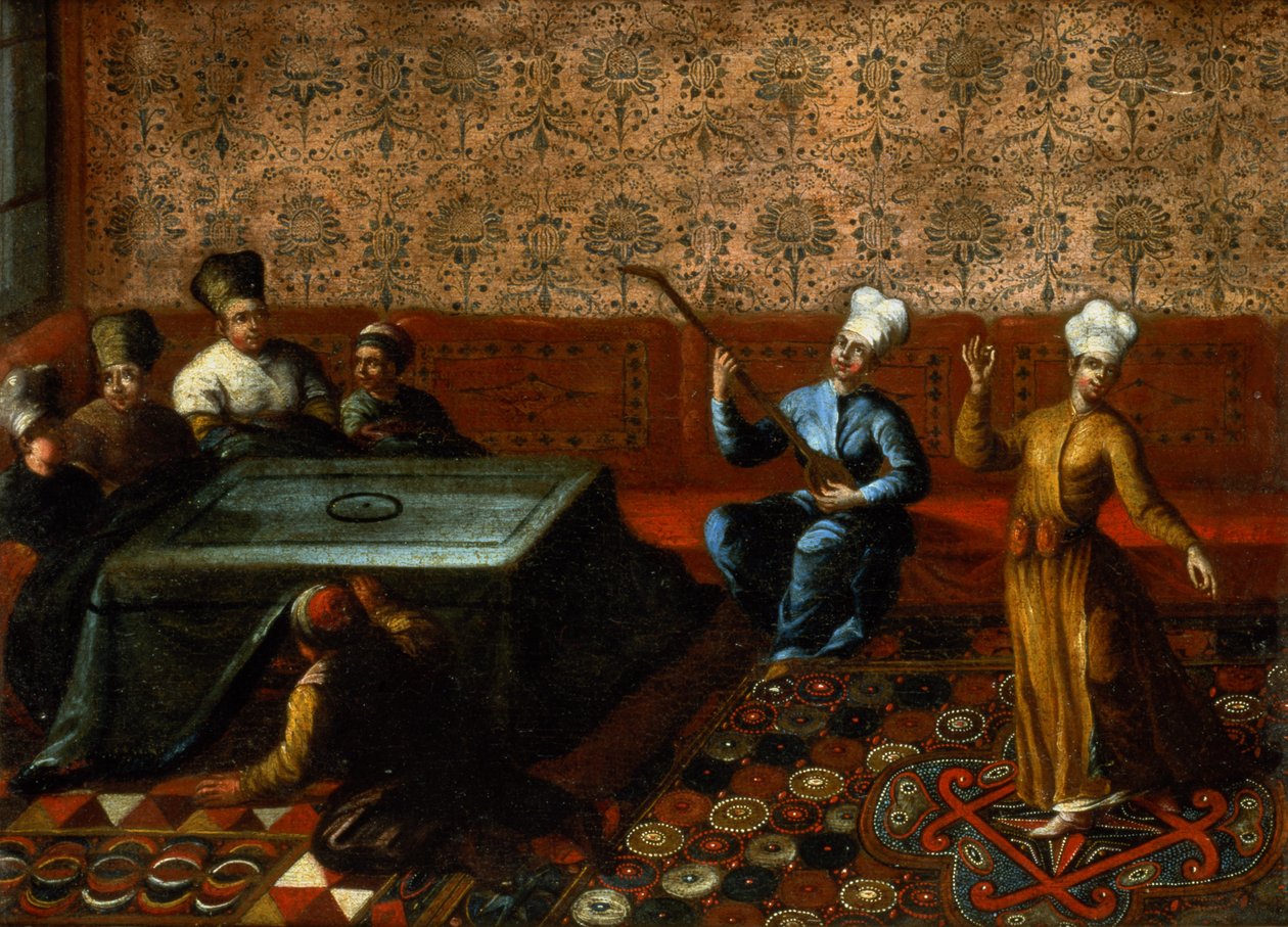 Figurer samlade runt en kursi med en musiker och en dansare som uppträder inför dem. av Jean Baptiste Vanmour