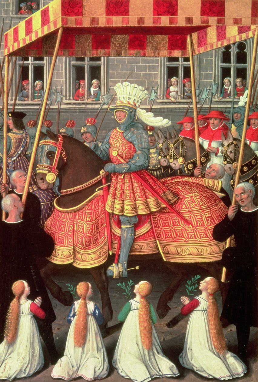 Ludvig XII (1462-1515) när han går in i Genua under en baldakin, följd av fyra kardinaler, från "Anne av Bretagnes timmar", 1515-20 av Jean Bourdichon