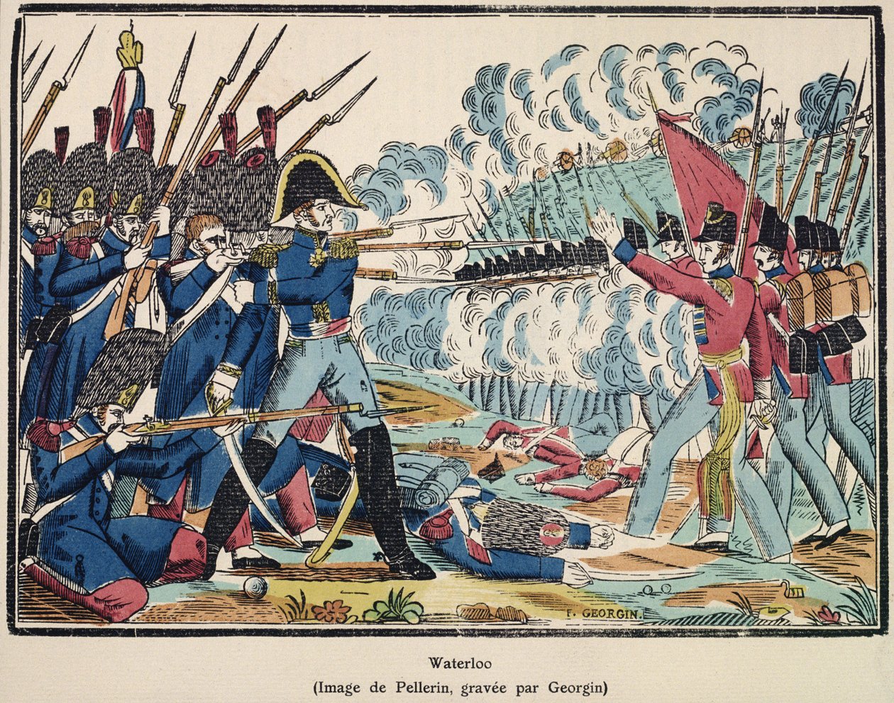 Slaget vid Waterloo, 1815 graverad av Francois Georgin (1801-63) från "Edition de la Revue Lorraine Illustree", pub. 1912 av Jean Charles Pellerin