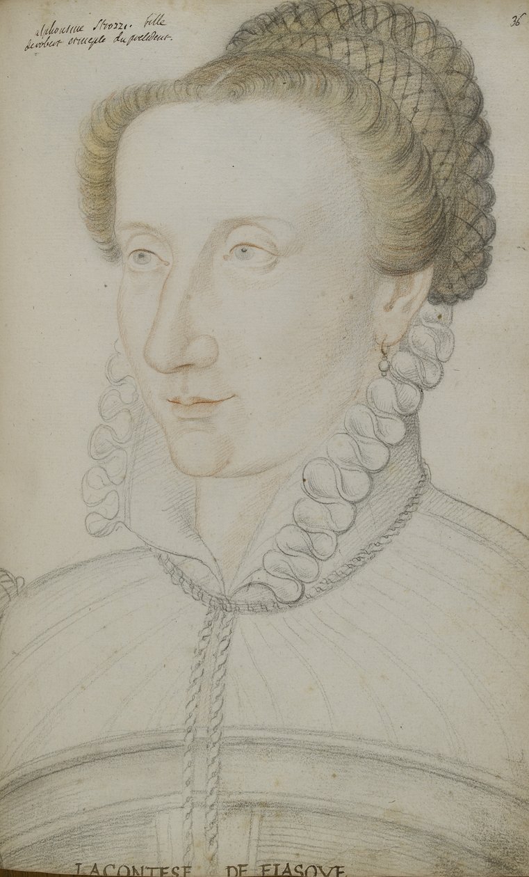 Alphonsine Strozzi (rygg, röd och gul krita på papper) av Jean Clouet