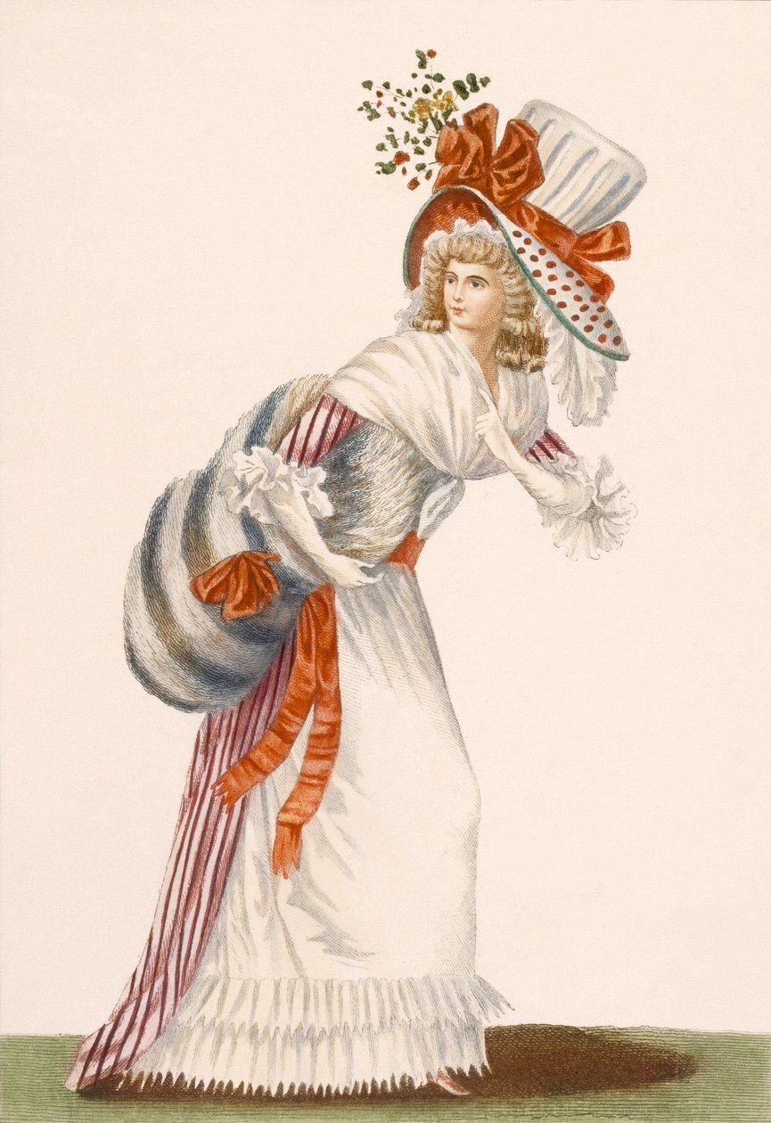 Slående dagklänning för damer, platta från "Galeries des Modes et Costumes Francais", ca 1778-87 99:beklädnad; klädsel; traditionell klädsel; traditionell dräkt; mode; illustration; 18:e århundradet; mode av Jean Florent Defraine