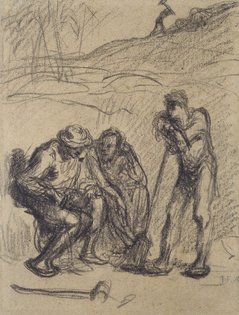 Tre bönder vilar, en lutad på en spade (svart krita på papper) av Jean Francois Millet