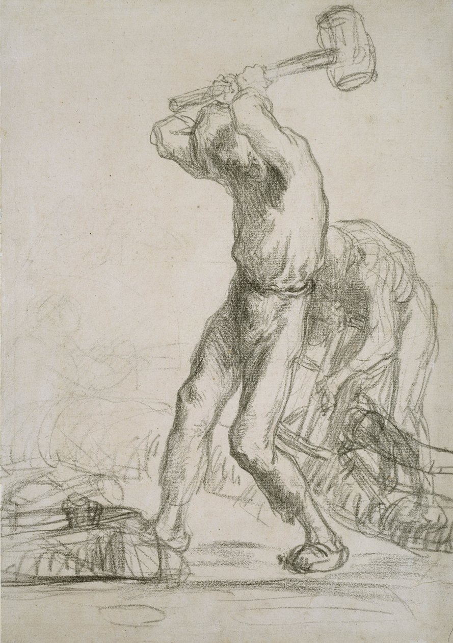 Två bönder sågar och klyver ved (svart krita på papper) av Jean Francois Millet
