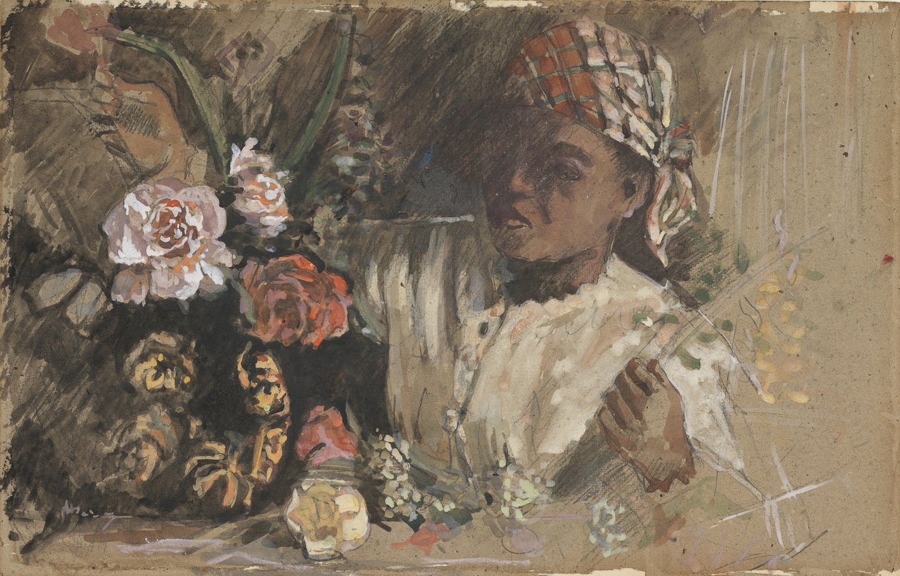 Sort kvinde med pæoner, ca. 1870 (wc, gouache, kridt & grafit på kort) svensk av Jean Frederic Bazille