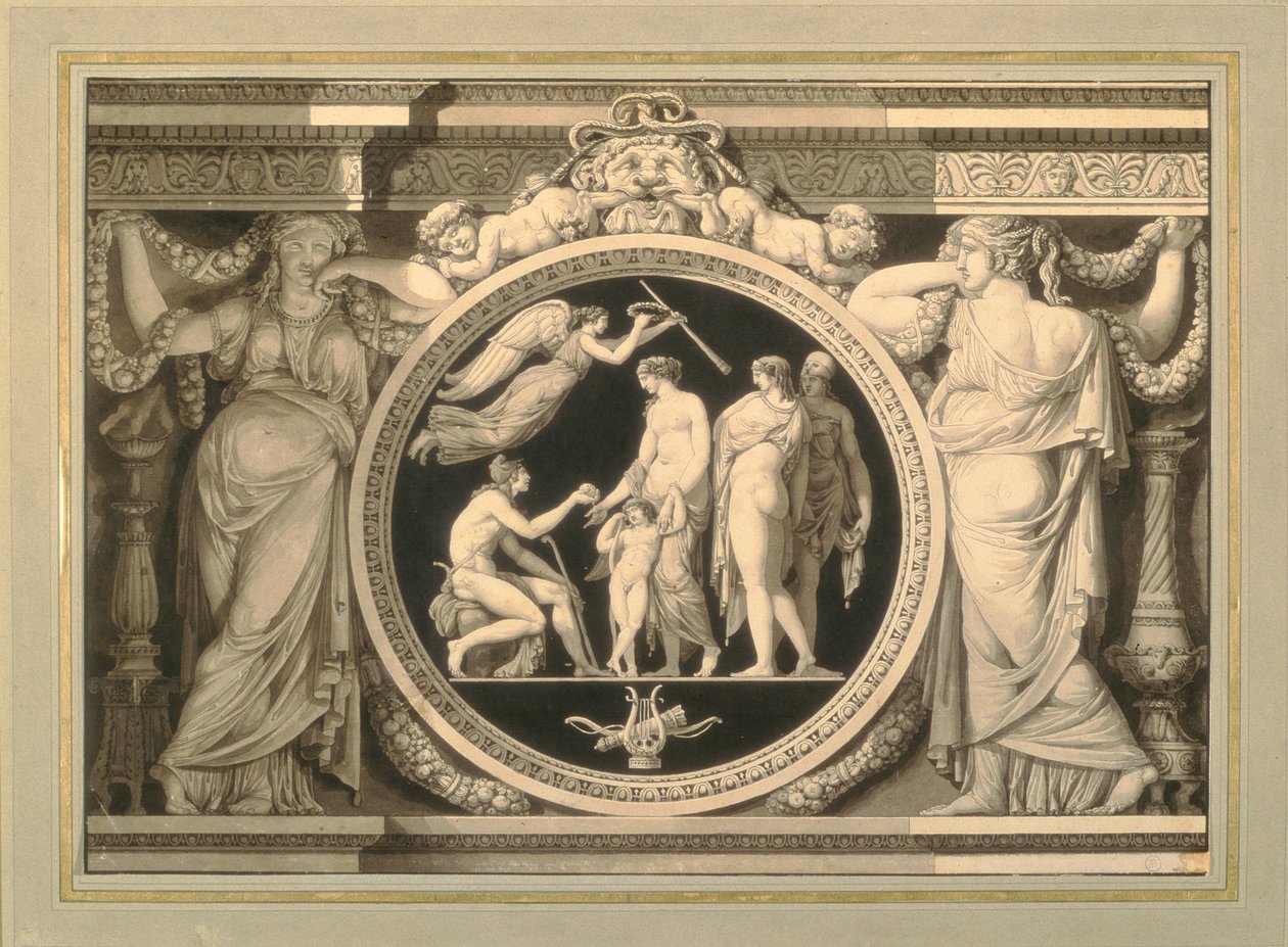 Design för en relief av The Judgment of Paris (penna, pensel och bläck) av Jean Guillaume Moitte