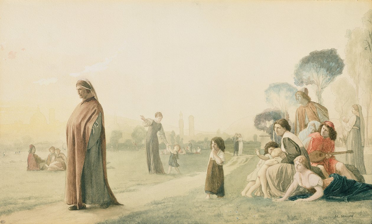 Dante (1265-1321) mediterar i Cascine-trädgården i Florens. av Jean Leon Gerome