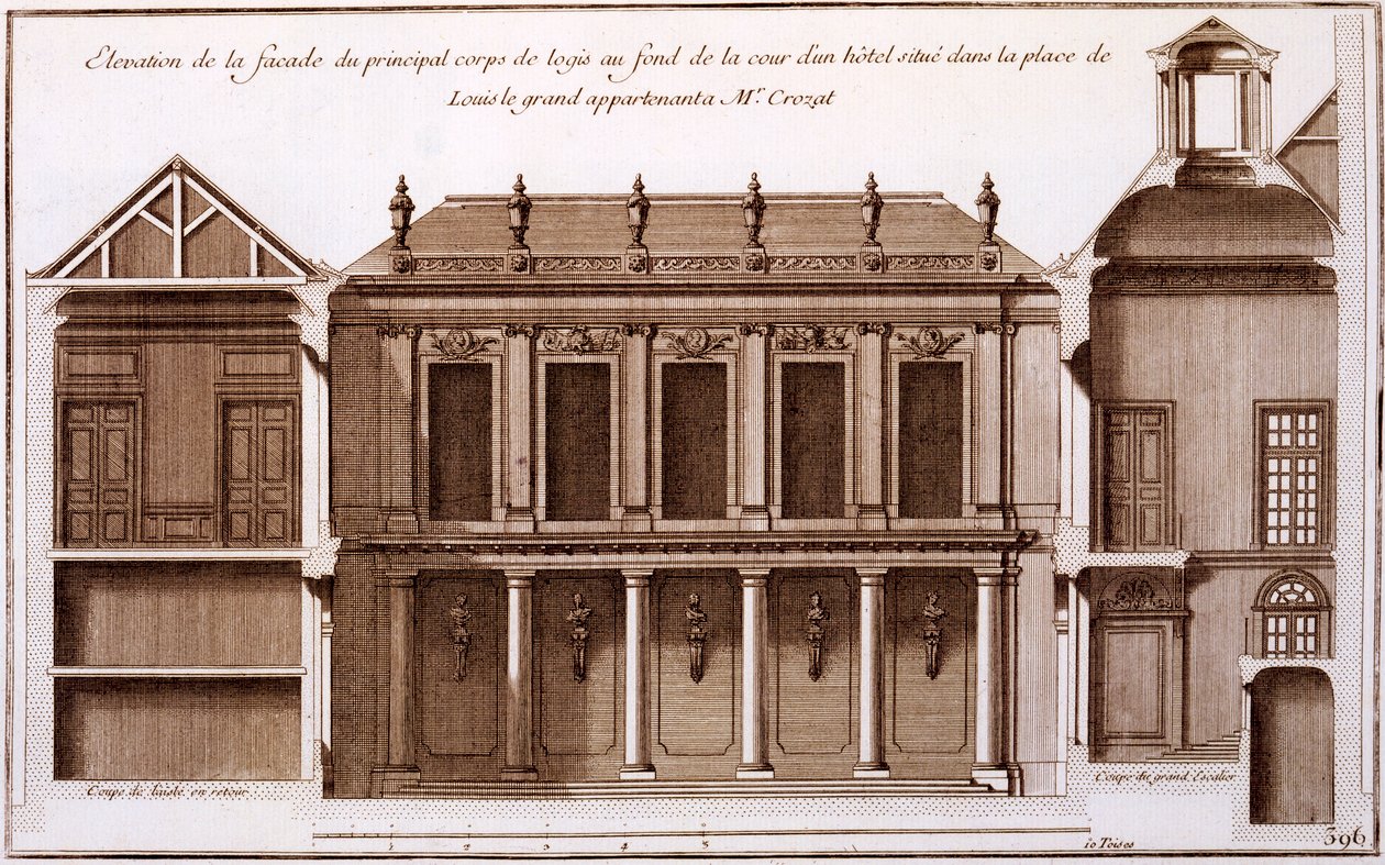 Fasad av en del av Monsieur Crozats hus, Place Louis le Grand, Paris, från "Architecture Francoise" av Jacques-Francois Blondel, 1727 av Jean Mariette