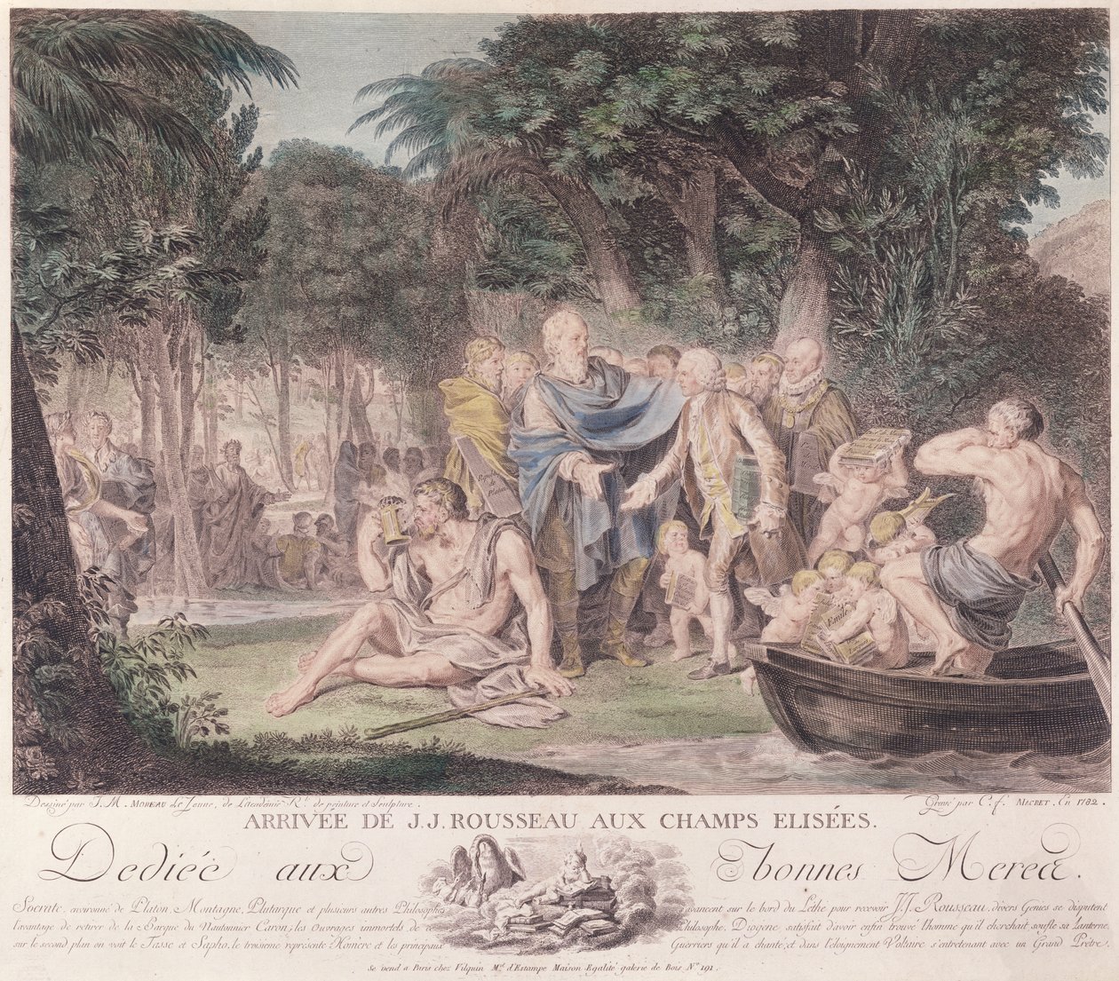 Jean-Jacques Rousseaus (1712-78) ankomst till de elysiska fälten, 1782 (färggravyr) av Jean Michel the Younger Moreau