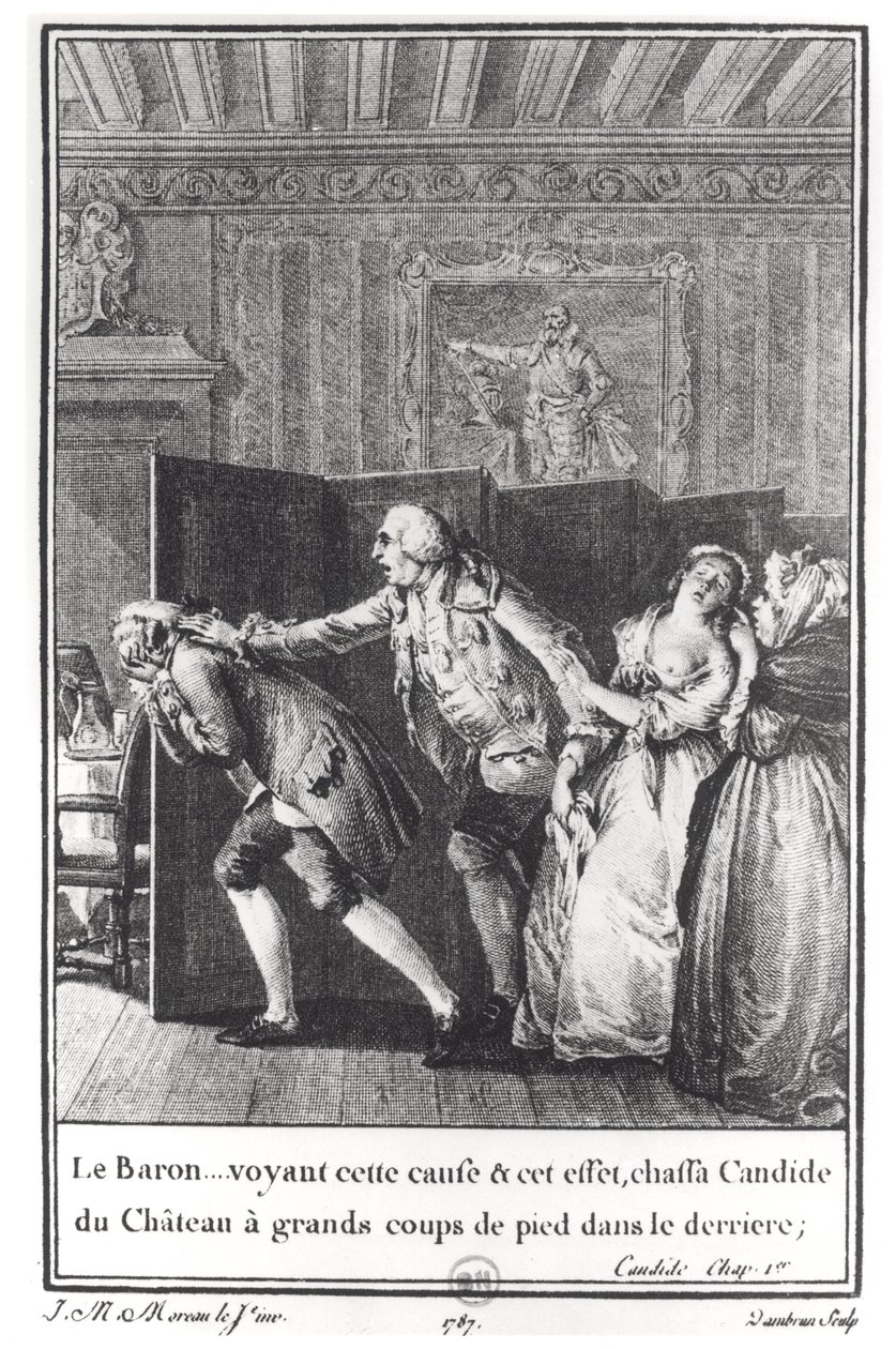 "Le Baron...chassa Candide du Chateau a grands coups de pied dans le derriere", illustration från kapitel 1 i "Candide" av Francois Voltaire (1694-1778) graverad av Jean Dambrun (1741-p.1808) 1787 (e av Jean Michel the Younger Moreau