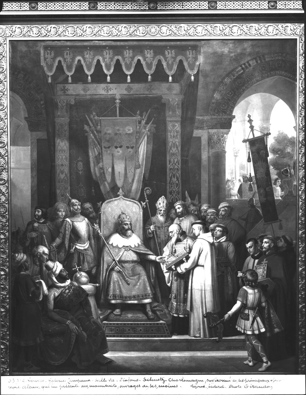 Kejsar Karl den Store (747-814) omgiven av sina förste officerare, tar emot Alcuin (c.735-804) som presenterar några manuskript gjorda av hans munkar av Jean Victor Schnetz