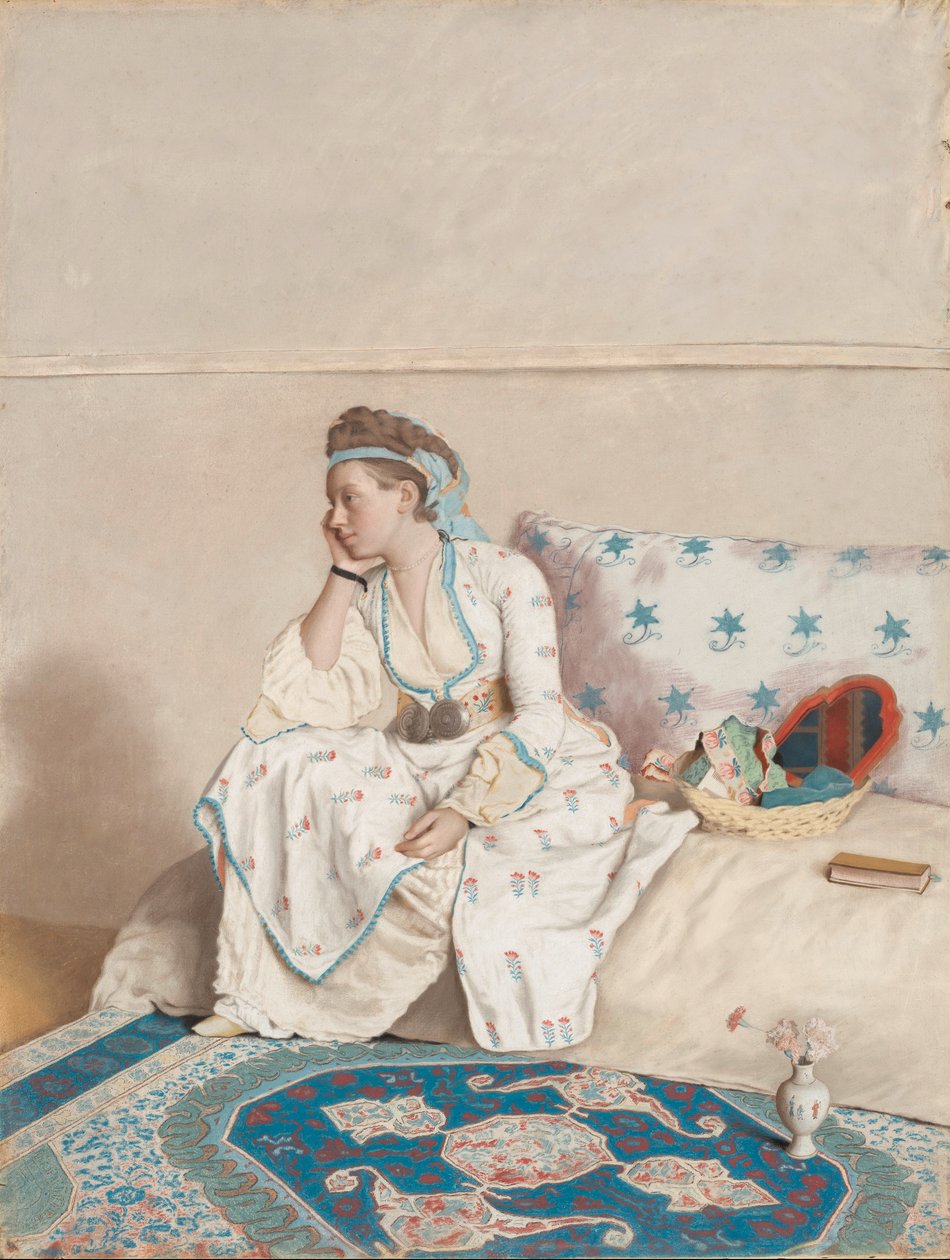 Portret van Marie Fargues, echtgenote van de kunstenaar, in Turks kostuum av Jean Étienne Liotard