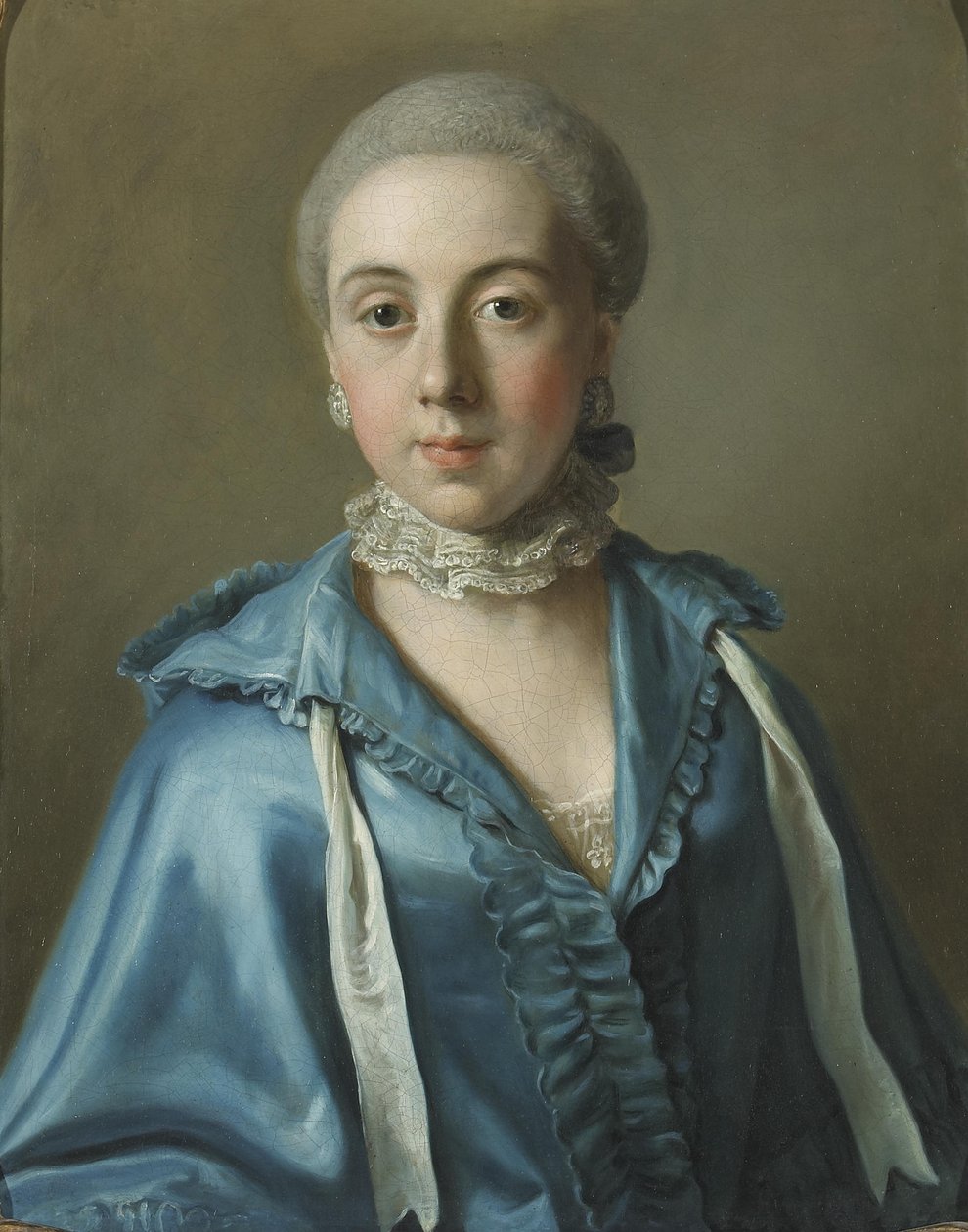 Un portrait dune dame avec une robe bleue et col de dentelle av Jean Étienne Liotard