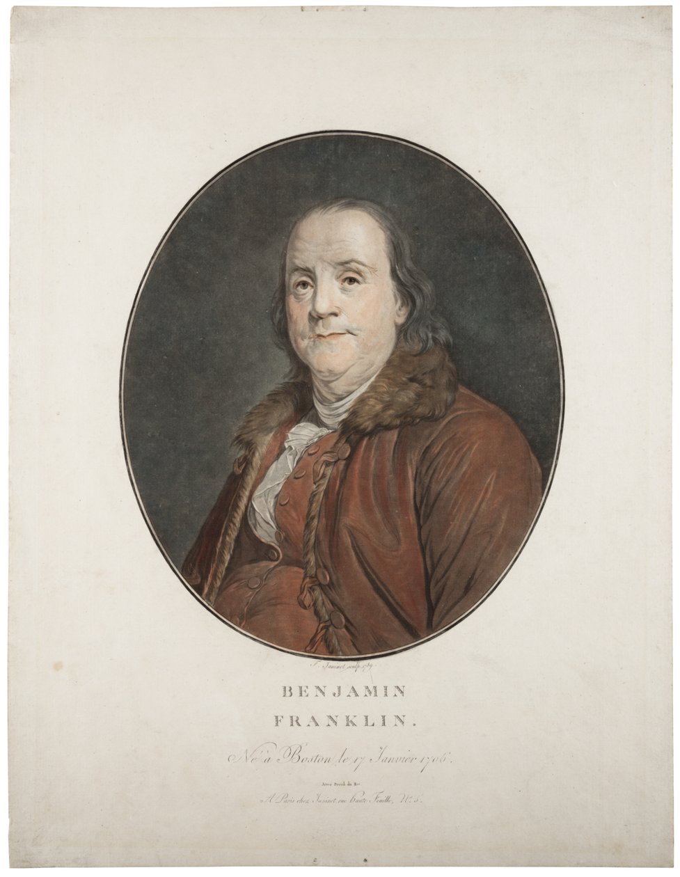 Benjamin Franklin, ca 1789 (handfärgad mezzotint) av Jean Francois Janinet