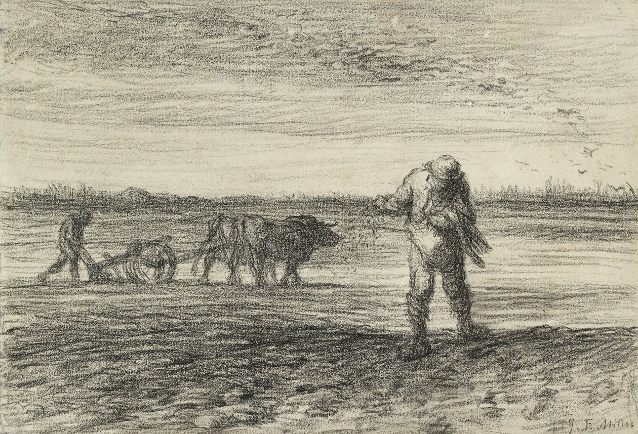 En man som plöjer och en annan som sår, 1849 - 1852 (svart krita på papper) av Jean Francois Millet