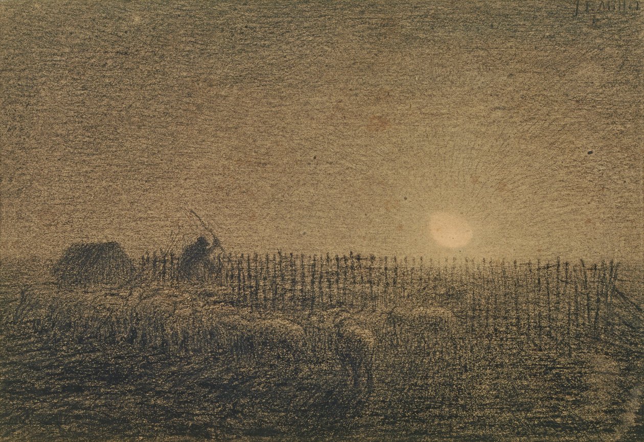 The Shepherd at the Fold by Moonlight (kol på papper) av Jean Francois Millet
