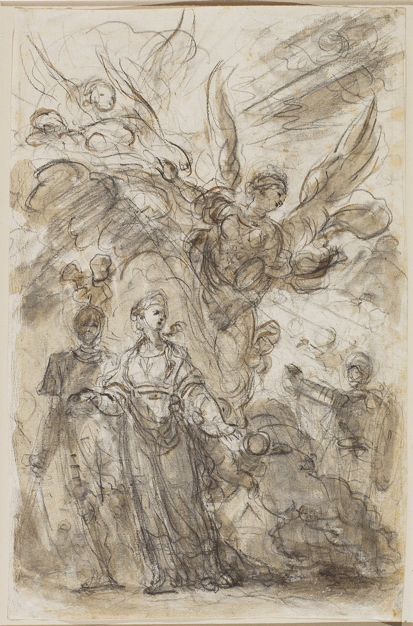Karl den Store leder Angelica bort från Roland, ca 1785 (svart krita & brun tvätt med spår av grafit på lagt papper) av Jean Honore Fragonard