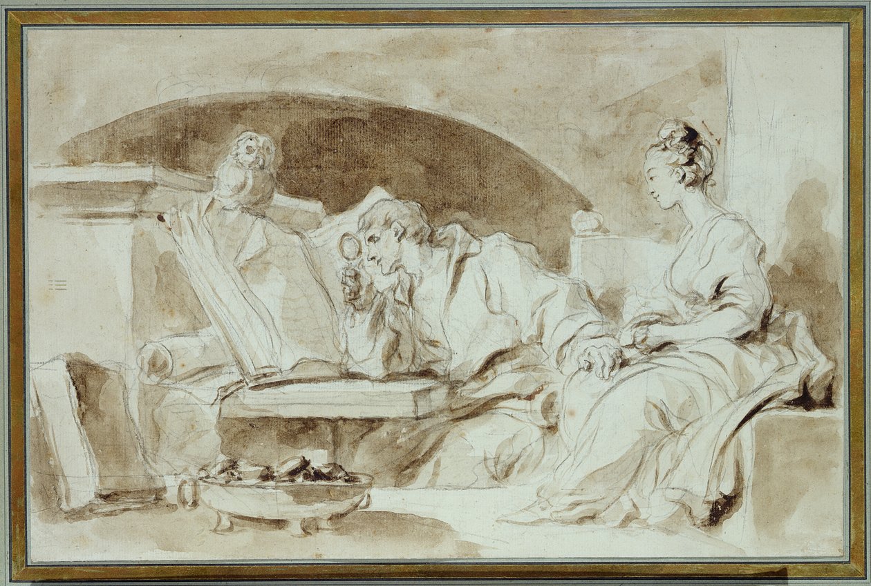 Ung kvinna konsulterar en Necromancer (sepiatvätt på papper) av Jean Honore Fragonard