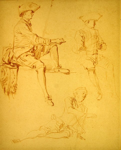 Figurstudier (röd krita på papper) av Jean Antoine Watteau