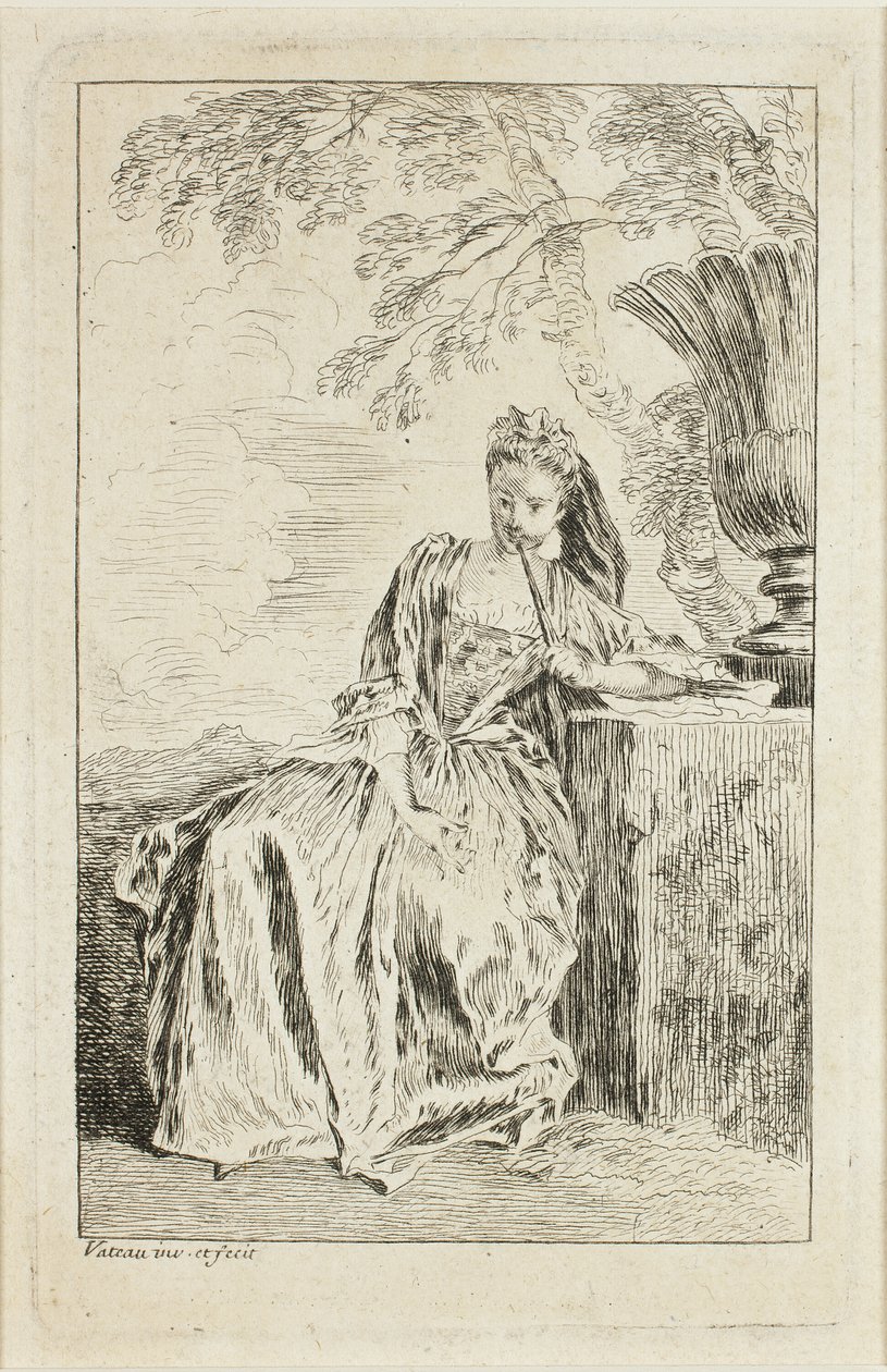 Sittande kvinna, lutad på en piedestal av Jean Antoine Watteau