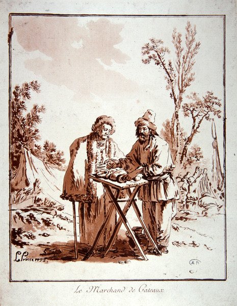 Le Marchand de Gateaux (akvatint) av Jean Baptiste Le Prince