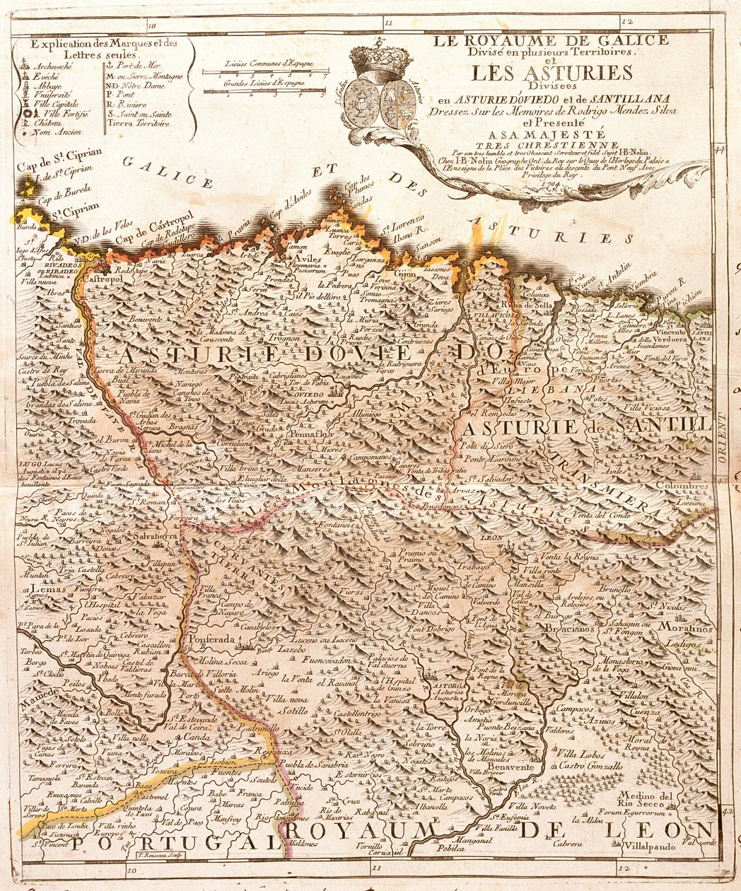 Karta över Asturien (Spanien) (gravyr av Jean Baptiste Nolin