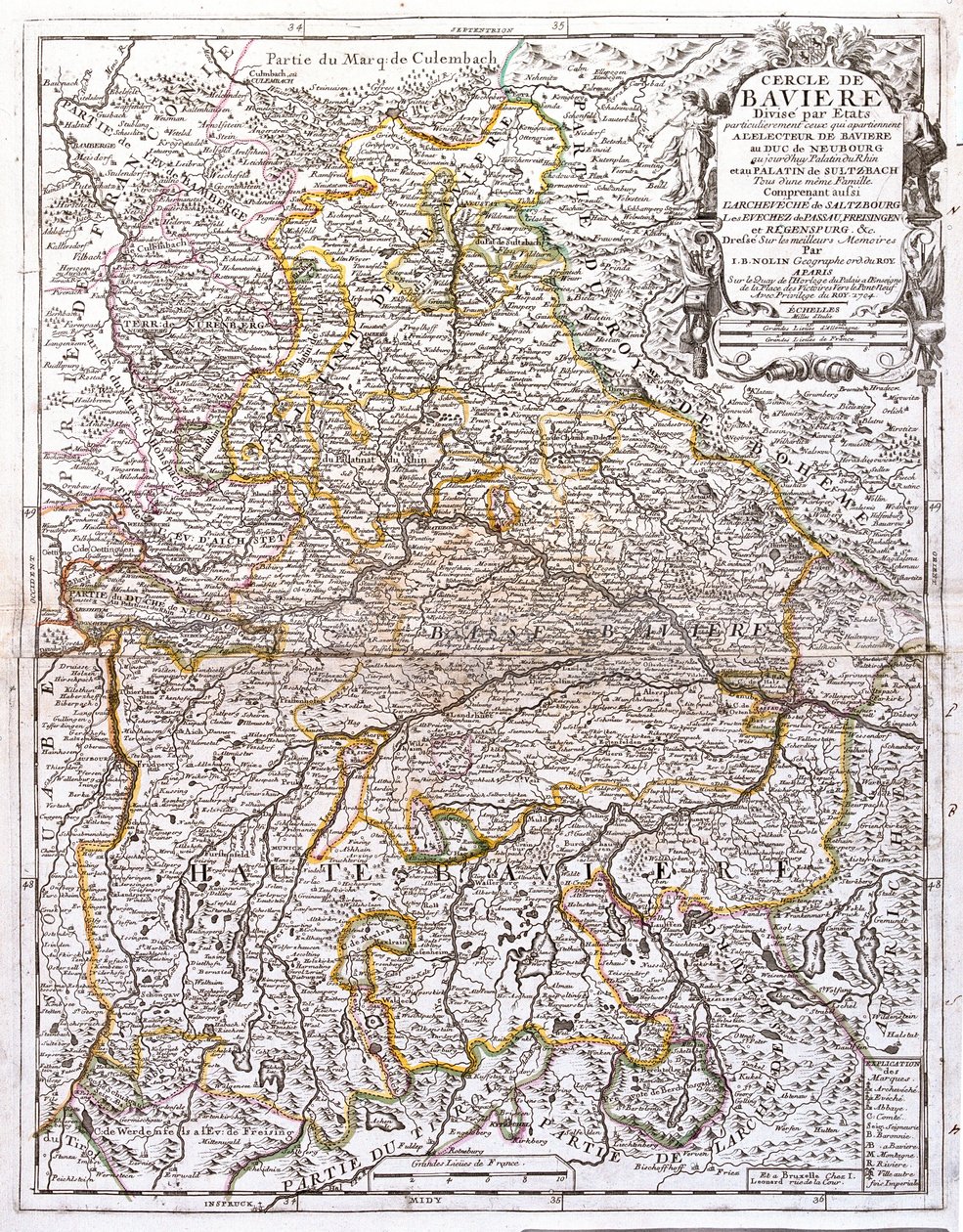 Karta över Bayern (Tyskland) (Gravering av Jean Baptiste Nolin