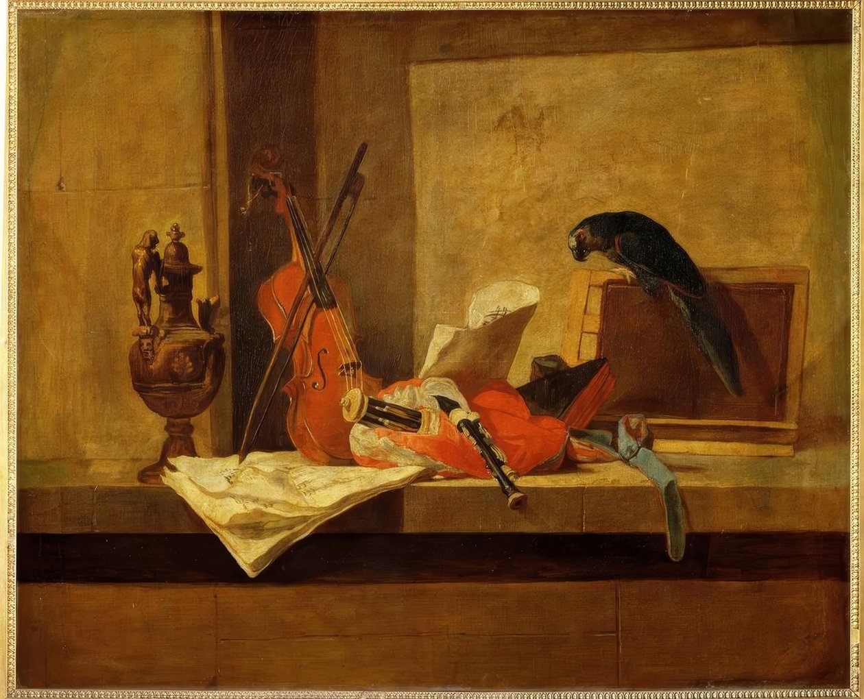 J.B.S.Chardin, Musikinstrumente u. Papag. av Jean Baptiste Simeon Chardin