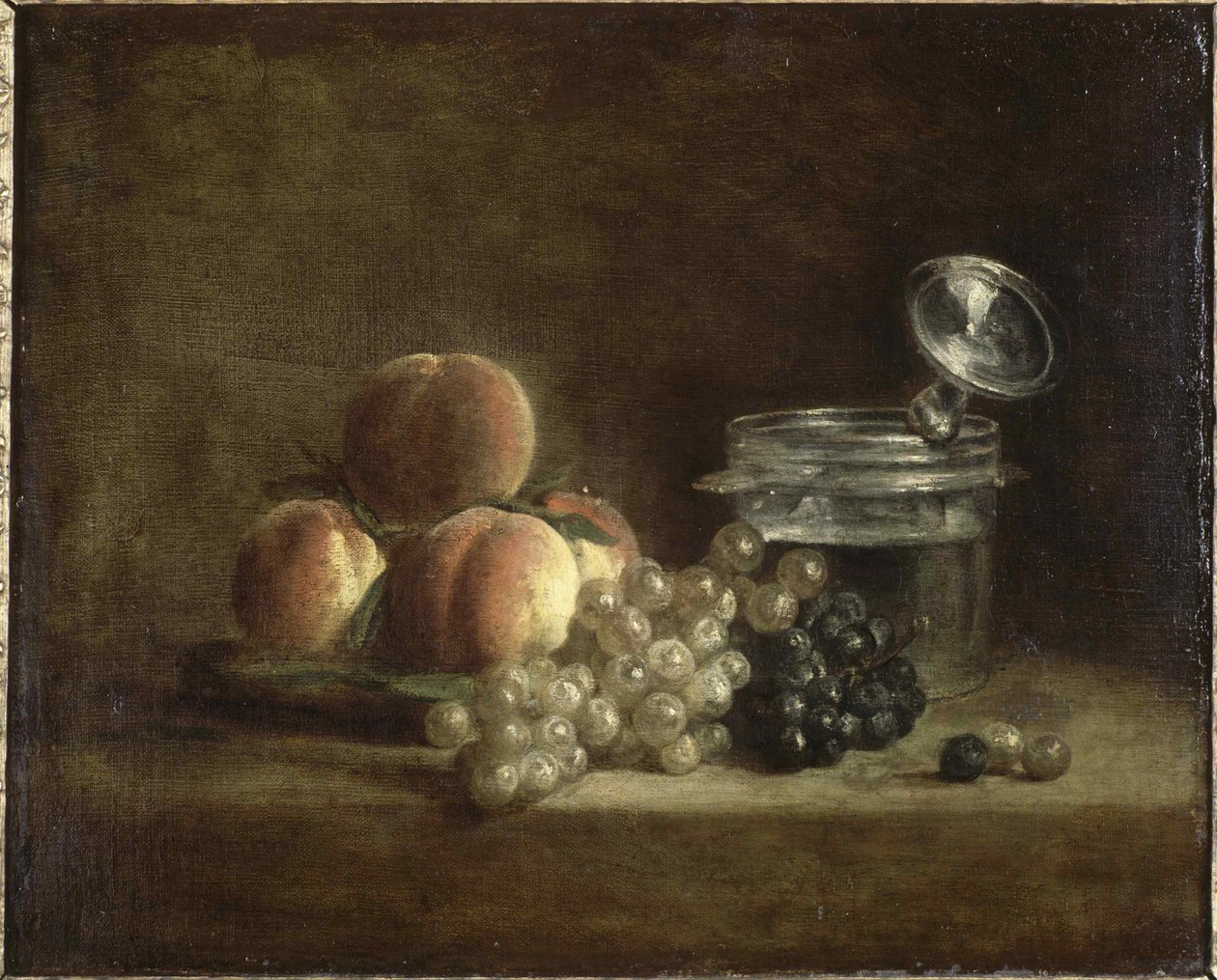 Persikor och vindruvor. av Jean Baptiste Simeon Chardin