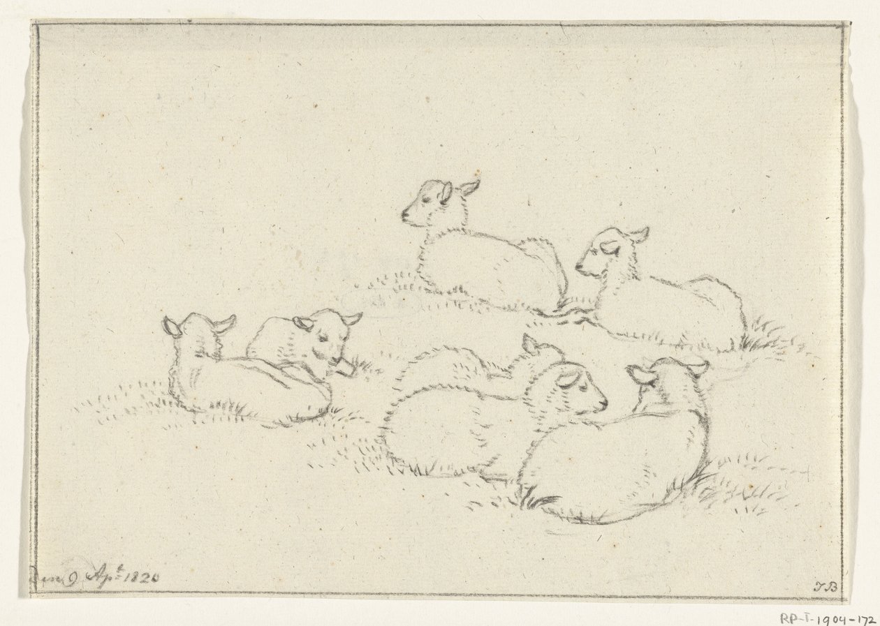 Sex liggande lamm av Jean Bernard