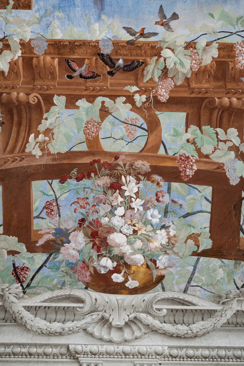 Vinrankor, druvor, blommor och fåglar, detalj av Jean Boulanger