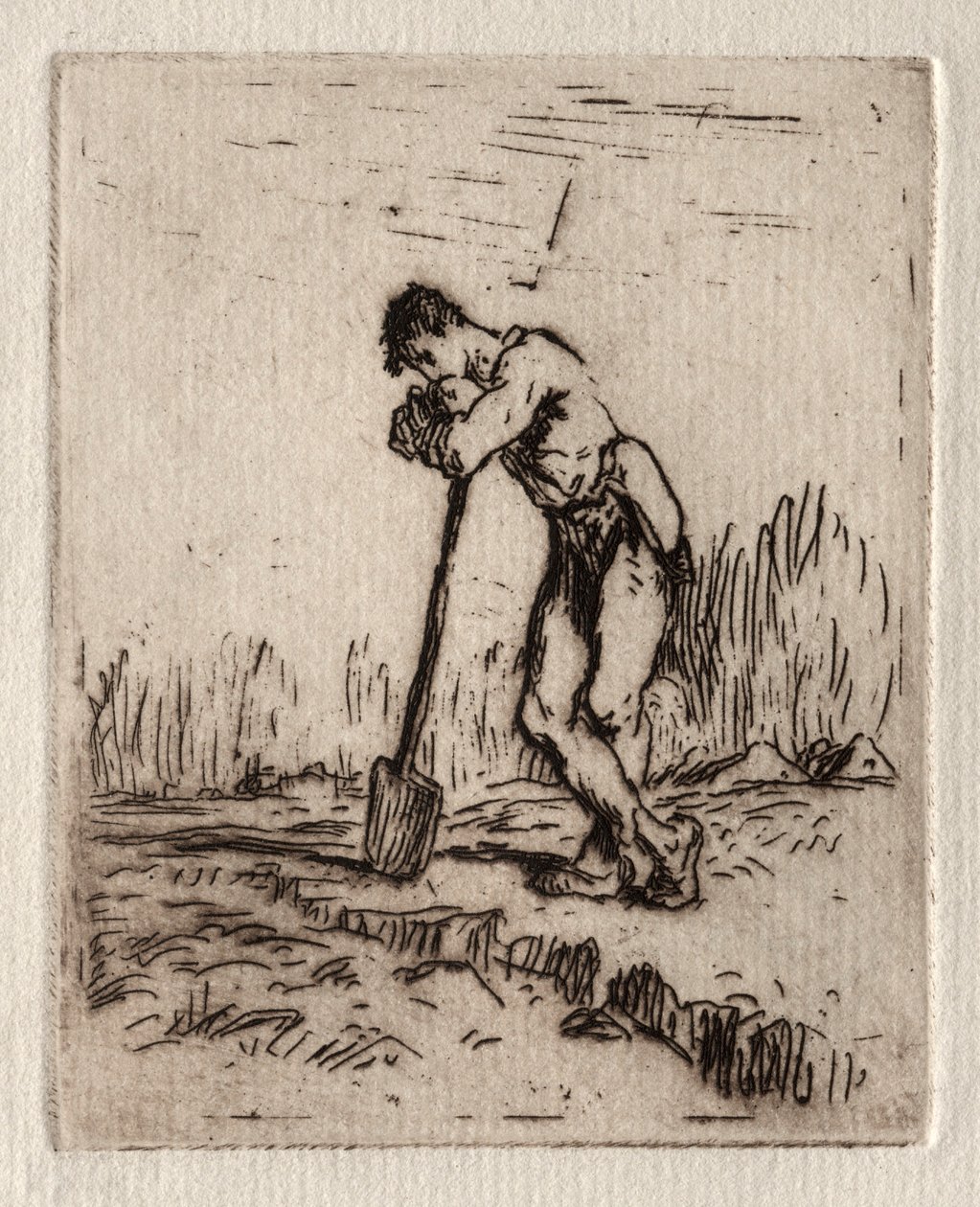 Man lutad på en spade. av Jean Francois Millet
