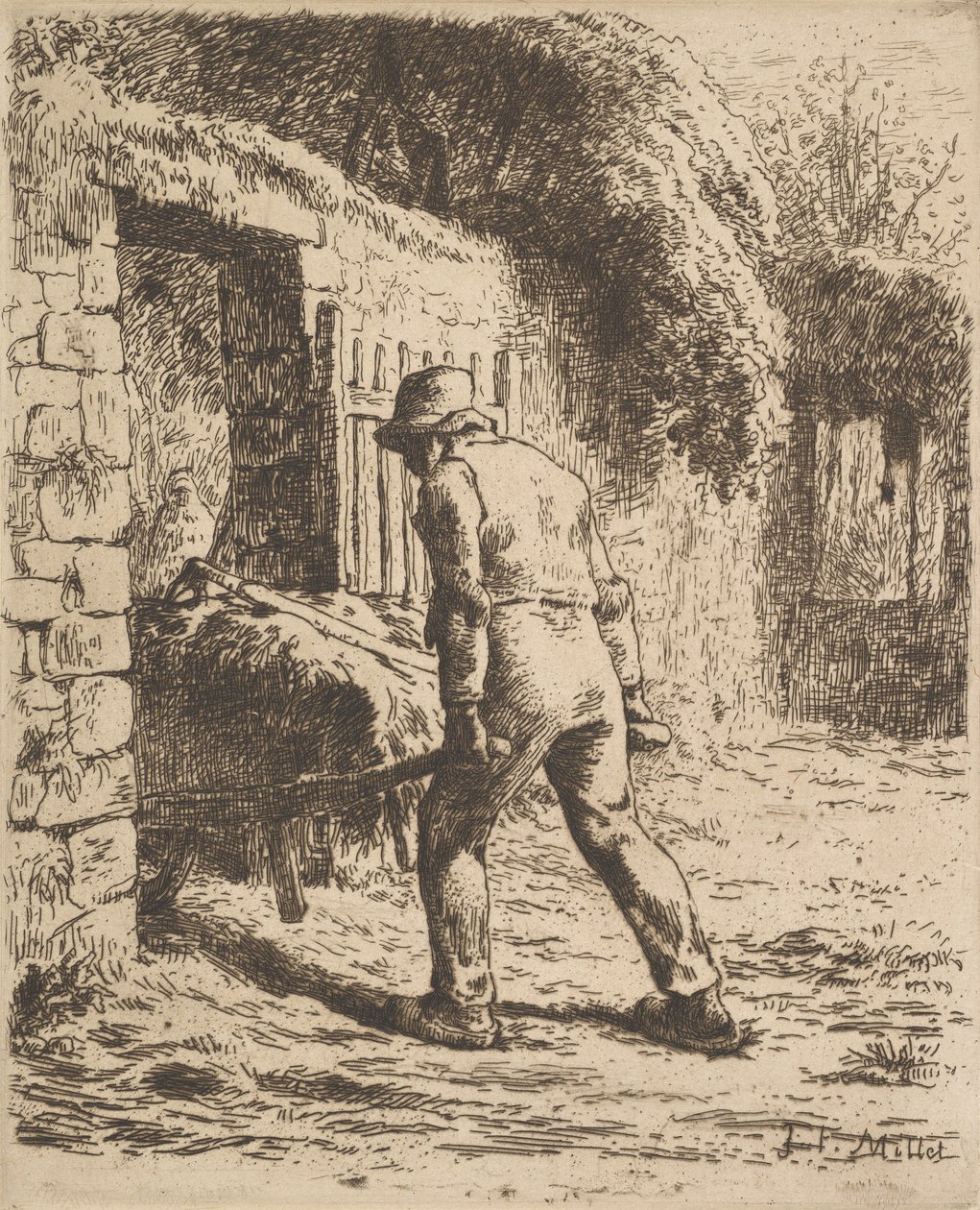 Bonde som knuffar en skottkärra, 1855 av Jean Francois Millet