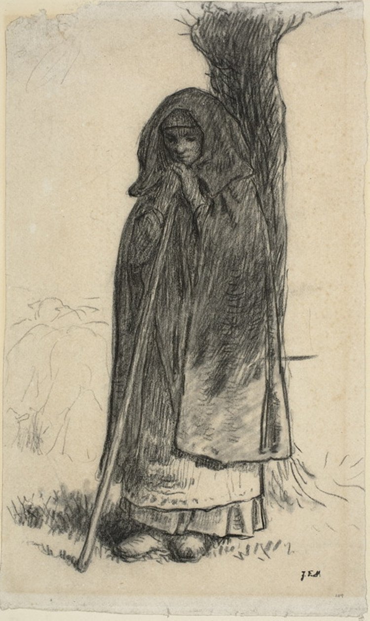Herdinna lutad mot ett träd av Jean Francois Millet
