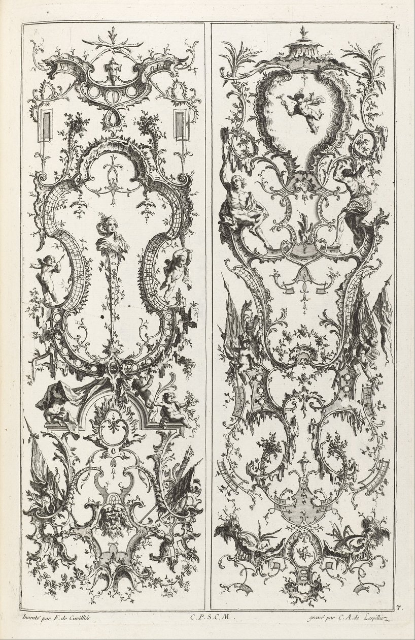 Två paneler med grotesk design av Jean François Cuvilliés