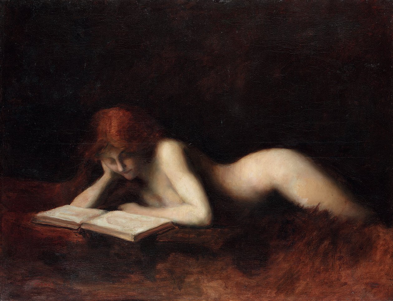 Liggande naken kvinna som läser en bok av Jean Jacques Henner