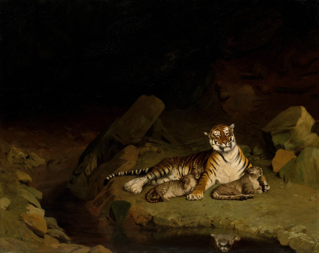 Tiger och ungar, ca. 1884. av Jean Leon Gerome