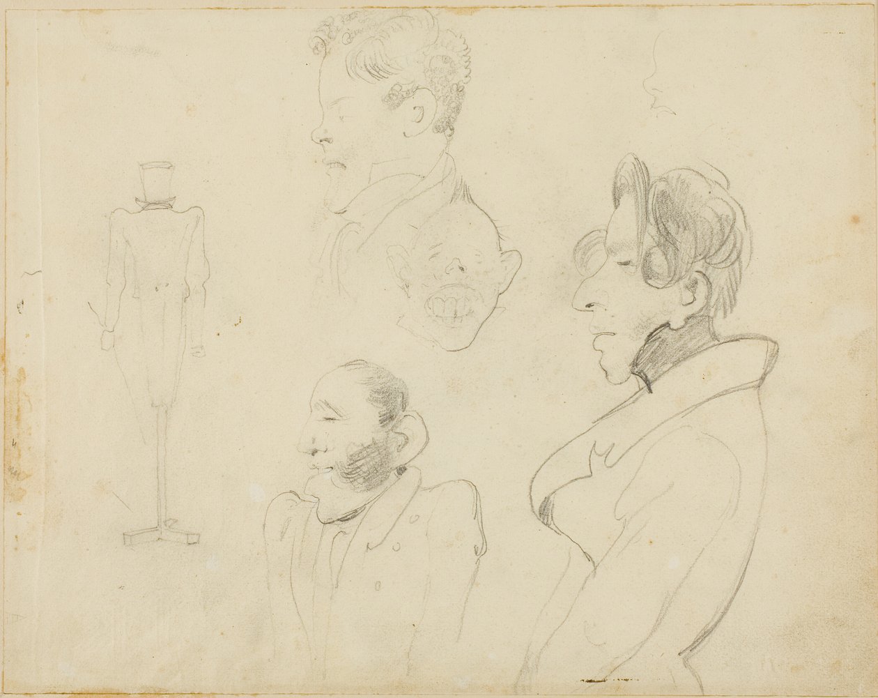 Blad med karikatyrer av Jean Louis André Théodore Géricault