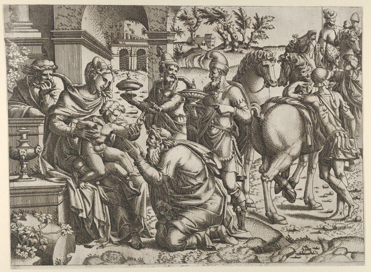 Tillbedjan av Magi, ca. 1545. av Jean Mignon