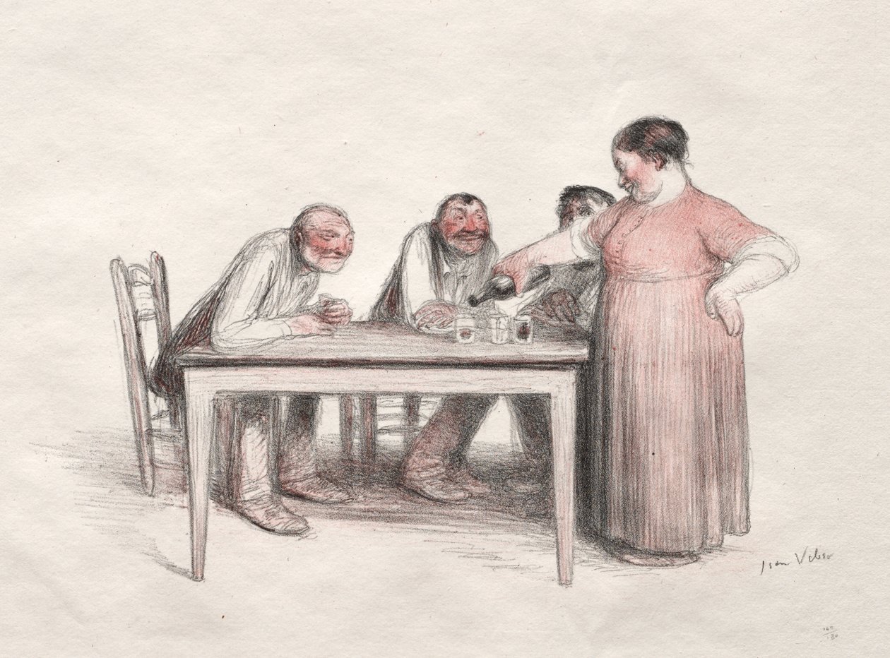 The Glass of Wine (färglitografi) av Jean Veber