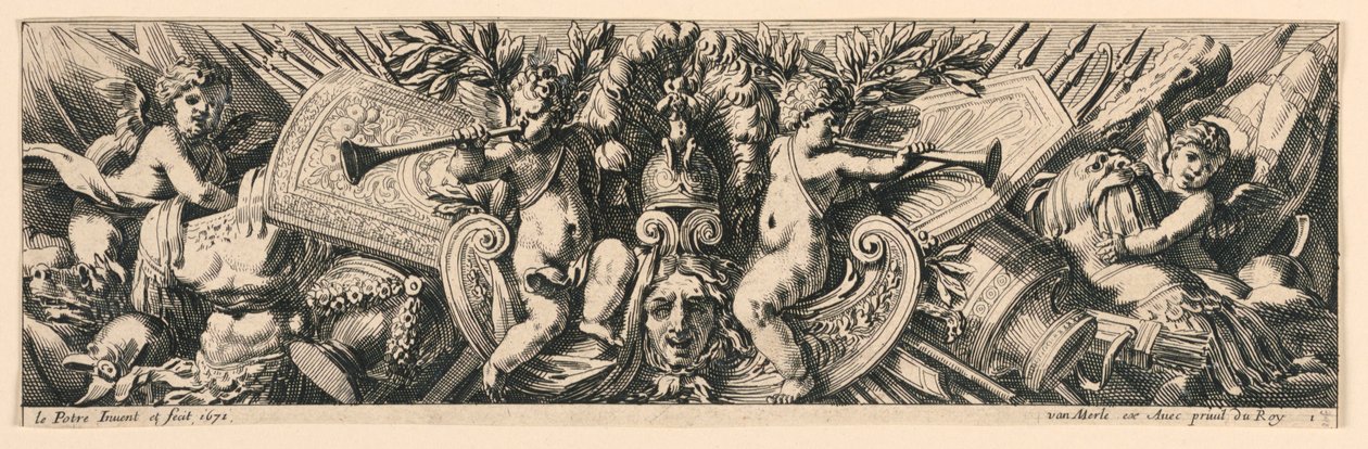 Fris: Trophies of Arms och Putti av Jean le Pautre