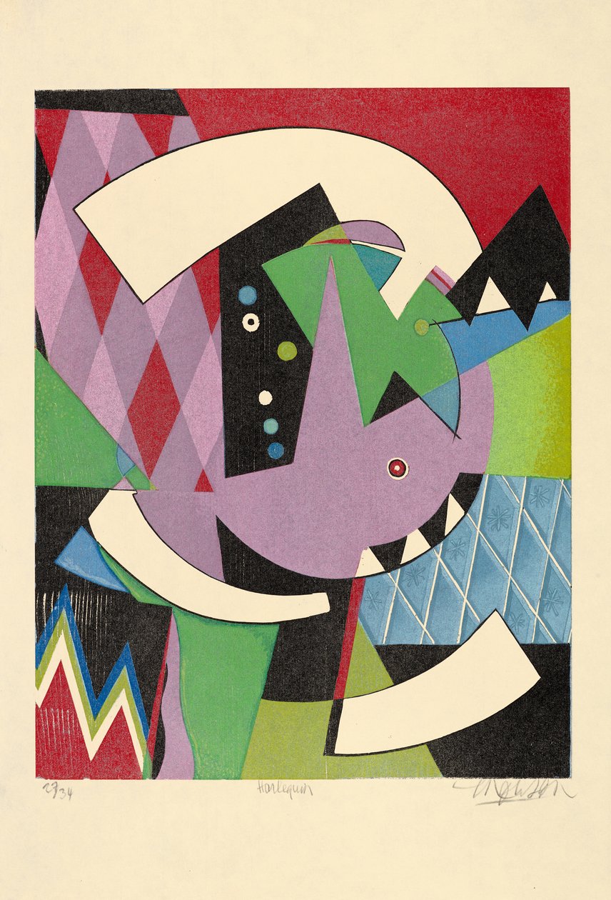Harlequin, 2017 (träsnitt) av Jim Monson