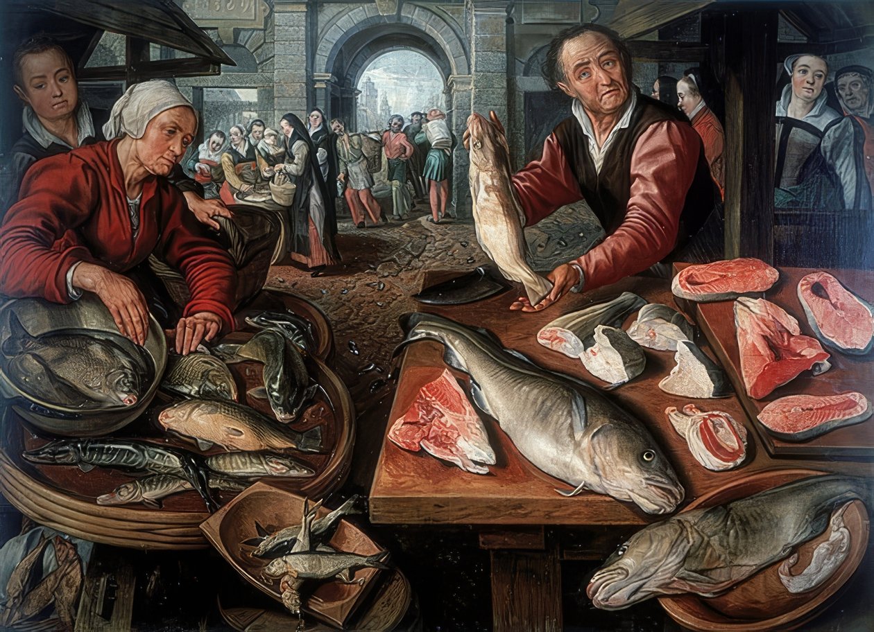 Fischmarkt. 1599 av Joachim Beuckelaer