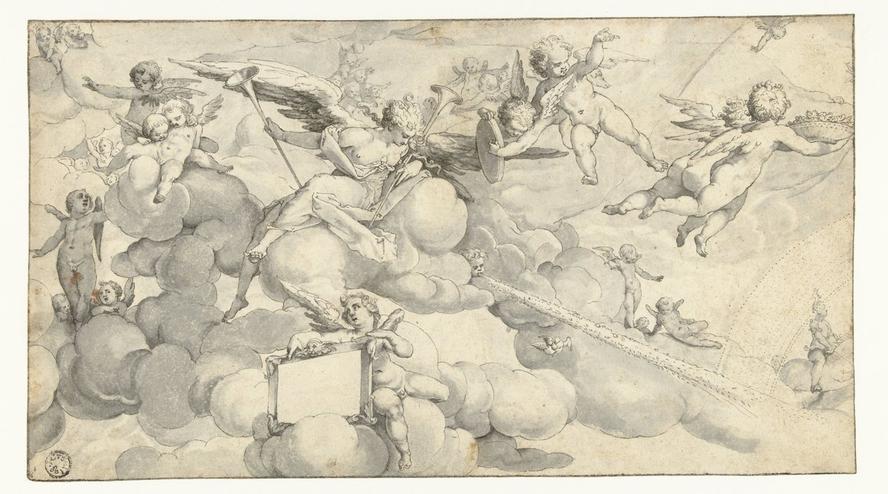 Putti och ängel med kartusch av Joachim Wtewael (circle of)