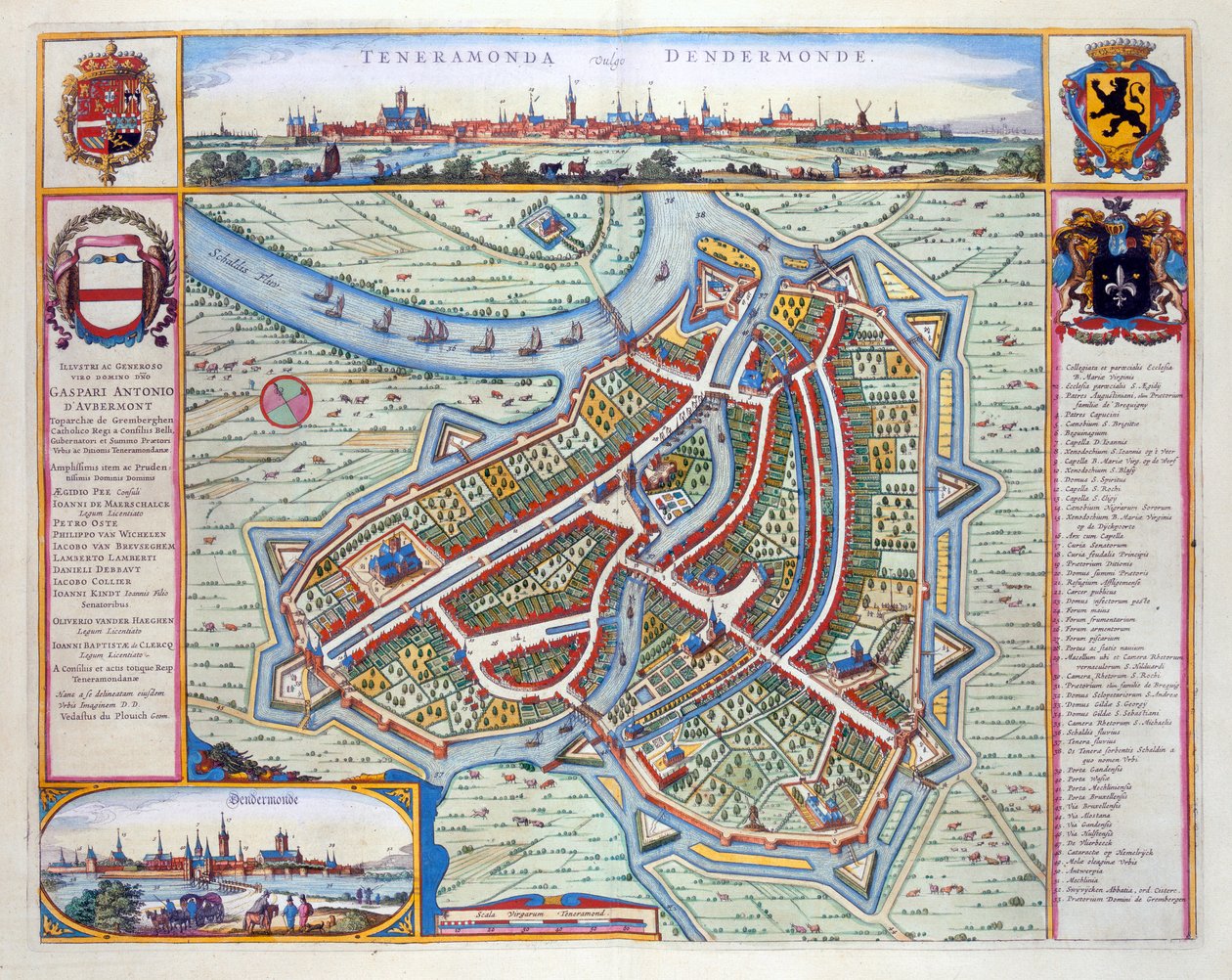 Dendermonde, 1649 (handfärgad gravyr) av Joan Blaeu