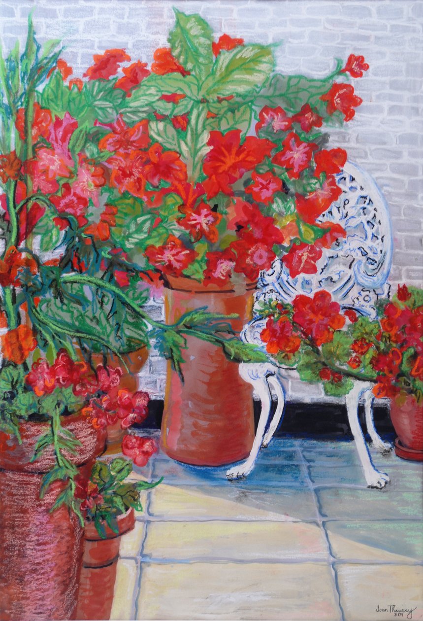 Pelargoner och petunior på terrassen, 2011, (Gouache på papper) av Joan Thewsey
