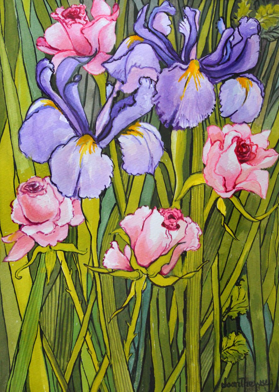 Rosor och iris i trädgården, 2003, av Joan Thewsey